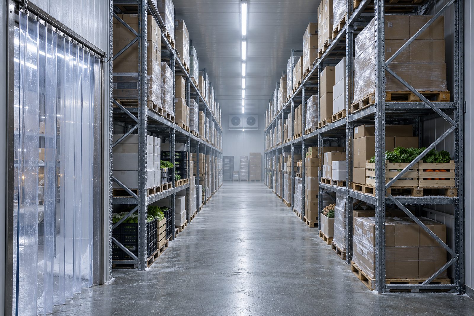 Langer Gang in einem Kühlhaus: Regale mit Kartons und Gemüsekisten, an der Decke ein durchgehendes Lichtband, vorne ein Streifenvorhang