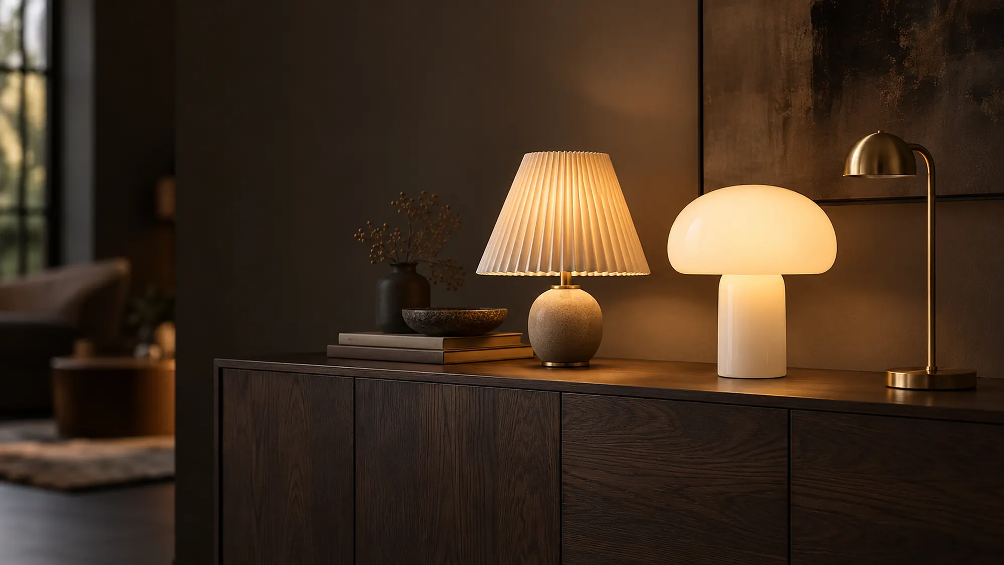 Drei Designerleuchten auf einem dunklen Sideboard, zwei davon eingeschaltet